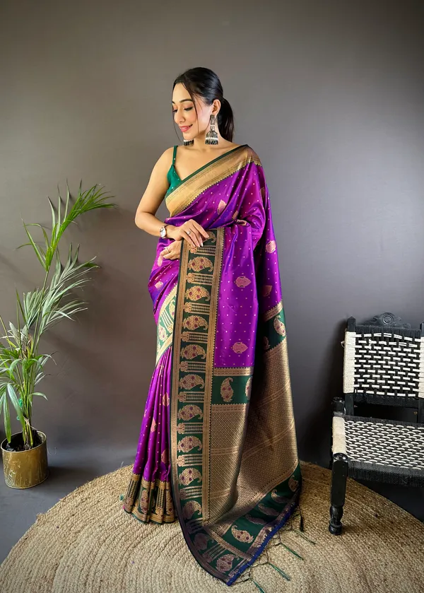 Purple_Or_Magenta_Traditional_Shalu_Saree_With_Rich_Golden_Zari_Work_And_Green_Accents_Sources