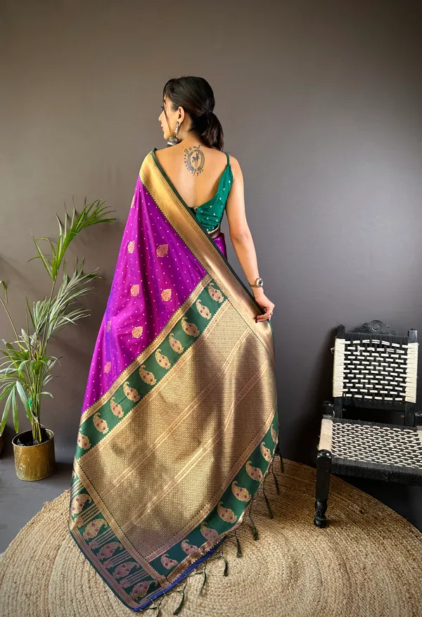 Purple_Or_Magenta_Traditional_Shalu_Saree_With_Rich_Golden_Zari_Work_And_Green_Accents_Sources