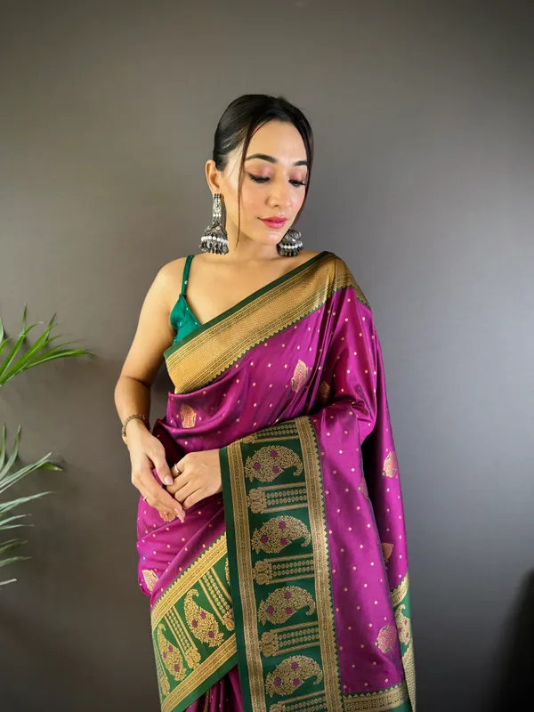 Purple_&_Green_Traditional_Silk_Saree_With_Contrasting_Teal_Border