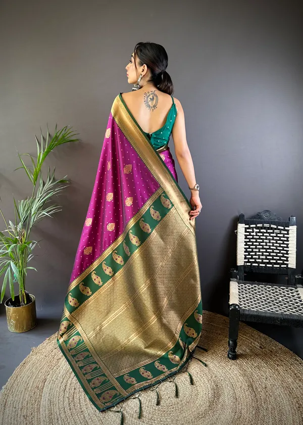 Purple_&_Green_Traditional_Silk_Saree_With_Contrasting_Teal_Border