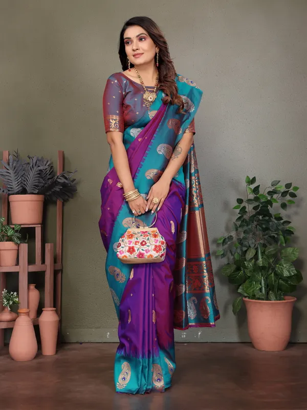 Peacock_Blue_&_Purple_Banarasi_Saree_For_Women