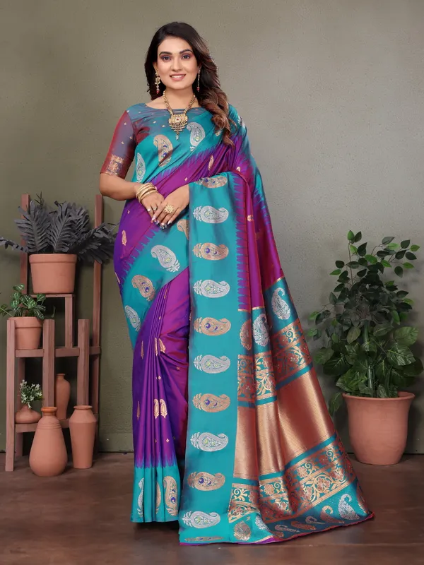 Peacock_Blue_&_Purple_Banarasi_Saree_For_Women