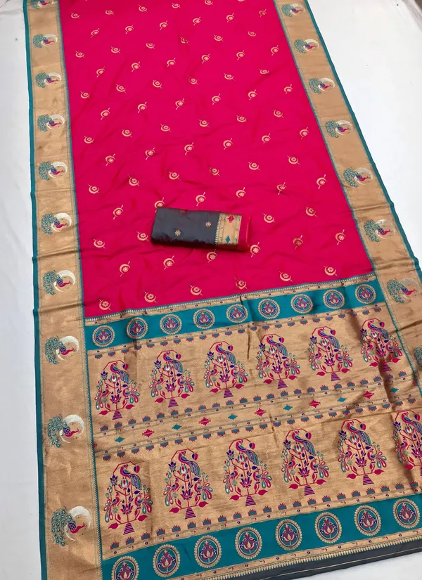 Burnt_Orange_&_Teal_Blue_Vibrant_Silk_Saree_With_Striking_Border_And_Elaborate_Zari_Woven_Motifs