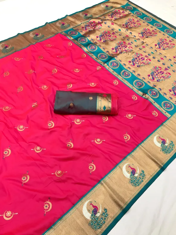 Burnt_Orange_&_Teal_Blue_Vibrant_Silk_Saree_With_Striking_Border_And_Elaborate_Zari_Woven_Motifs