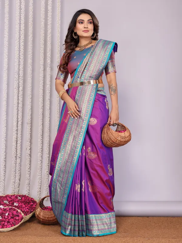 Magenta_Vibrant_Dual-Tone_Silk_Saree_With_Peacock_Motifs