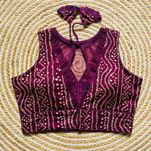 Wine_Rayon_Cotton_Bandhani_Print_Sleeveless_Blouse_with_Keyhole_Neck_and_Tassel_Tie-Up