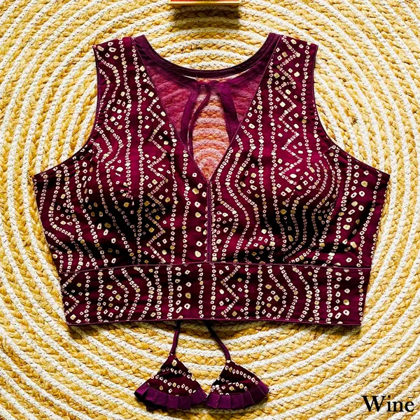 Wine_Rayon_Cotton_Bandhani_Print_Sleeveless_Blouse_with_Keyhole_Neck_and_Tassel_Tie-Up