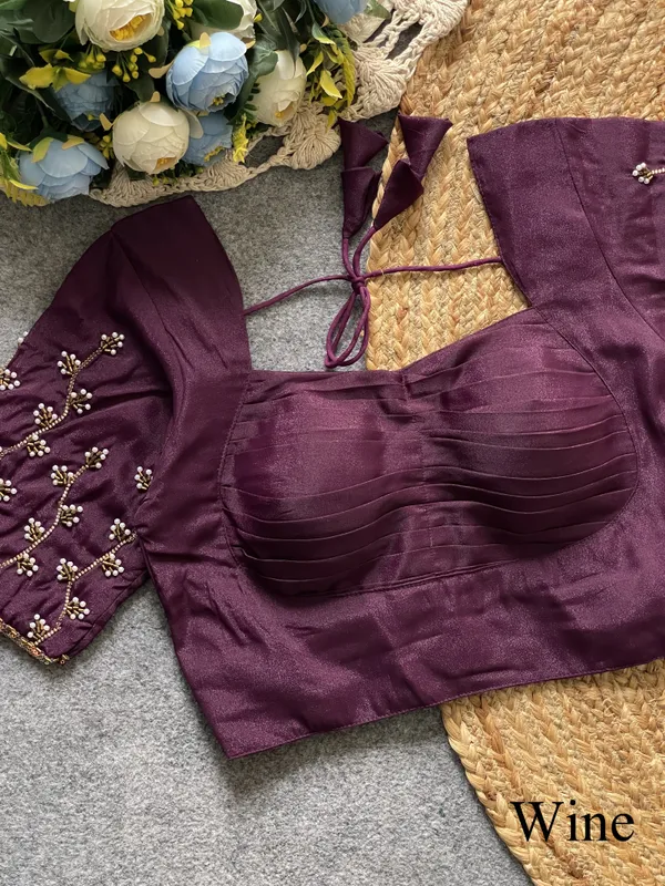 Wine_Silk_Blend_Pleated_Designer_Blouse_with_Pearl_Embroidered_Sleeves_and_Tie-Back_Tassels