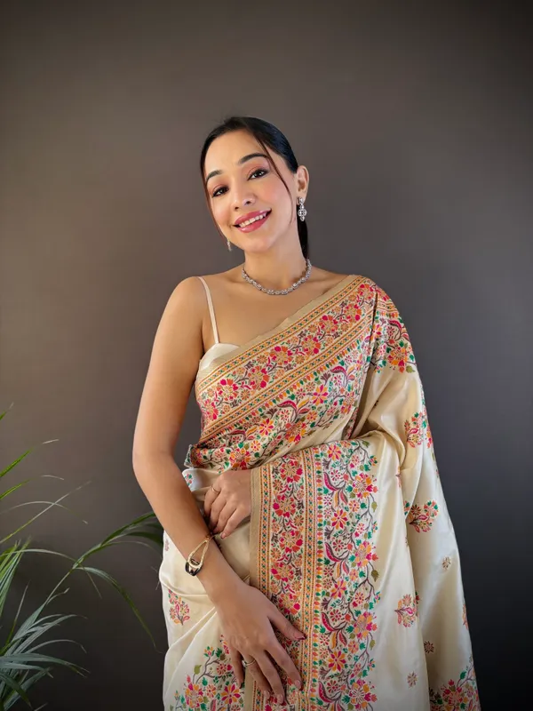 White_Champagne_Bloom_Artisanal_Cream_Tussar_Silk_Saree_Adorned_With_Exquisite_Embroidered