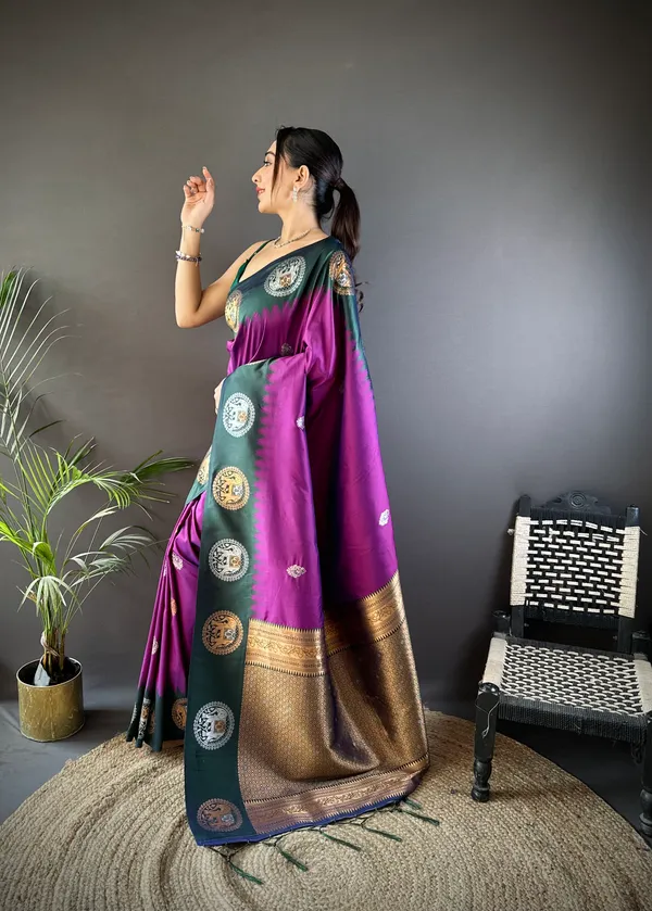 Violet_&_Emerald_Green_Luxurious_Soft_Silk_Saree_With_Ornamental_Medallion