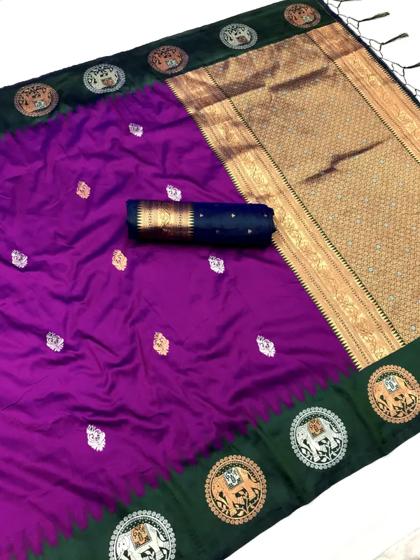 Violet_&_Emerald_Green_Luxurious_Soft_Silk_Saree_With_Ornamental_Medallion
