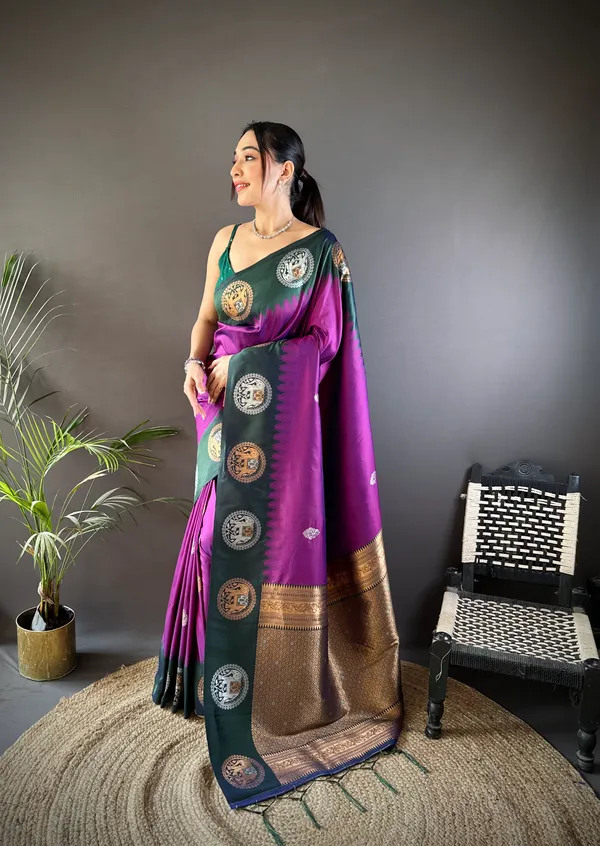 Violet_&_Emerald_Green_Luxurious_Soft_Silk_Saree_With_Ornamental_Medallion