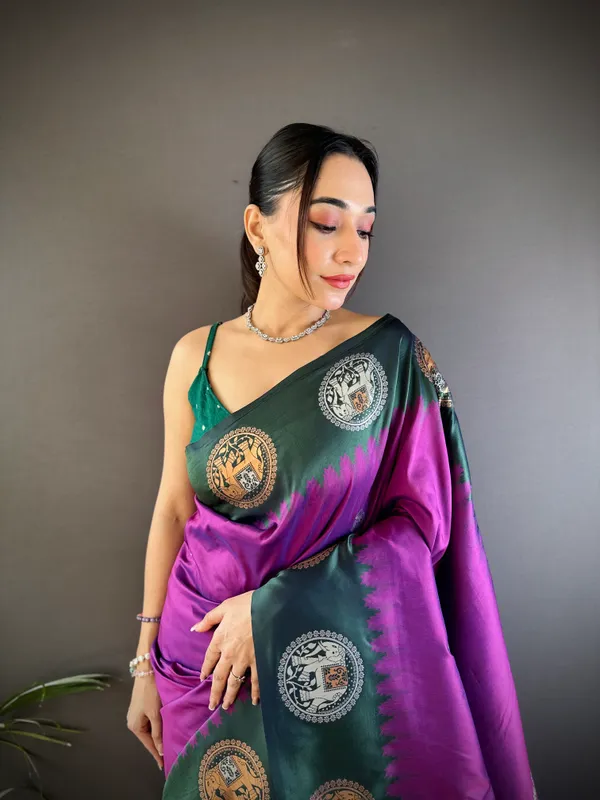 Violet_&_Emerald_Green_Luxurious_Soft_Silk_Saree_With_Ornamental_Medallion
