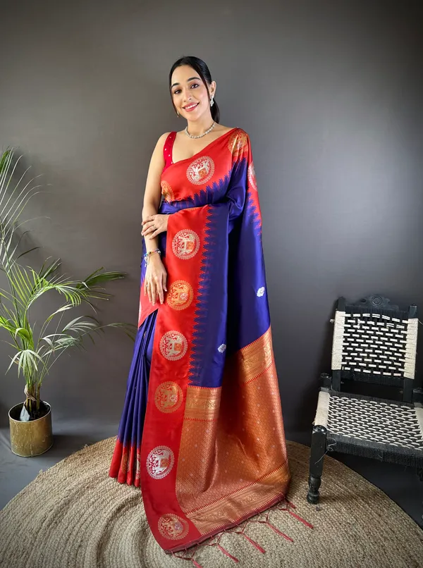 Royal_Blue_&_Rust_Orange_Vibrant_Silk_Saree_With_Intricate_Zari_Motifs_And_Grand_Border