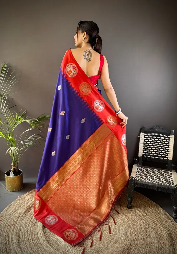 Royal_Blue_&_Rust_Orange_Vibrant_Silk_Saree_With_Intricate_Zari_Motifs_And_Grand_Border