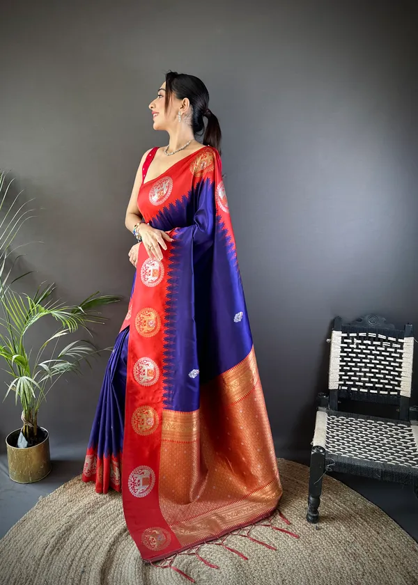 Royal_Blue_&_Rust_Orange_Vibrant_Silk_Saree_With_Intricate_Zari_Motifs_And_Grand_Border
