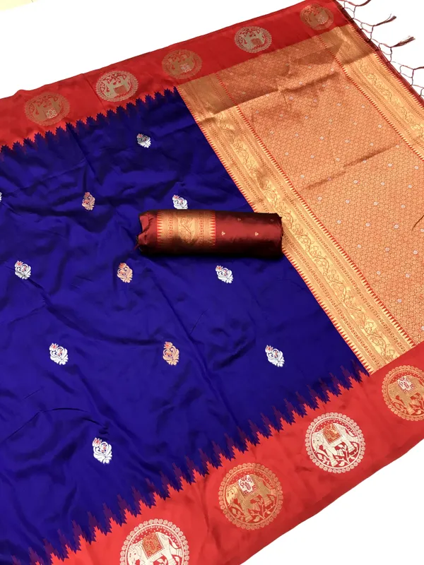 Royal_Blue_&_Rust_Orange_Vibrant_Silk_Saree_With_Intricate_Zari_Motifs_And_Grand_Border