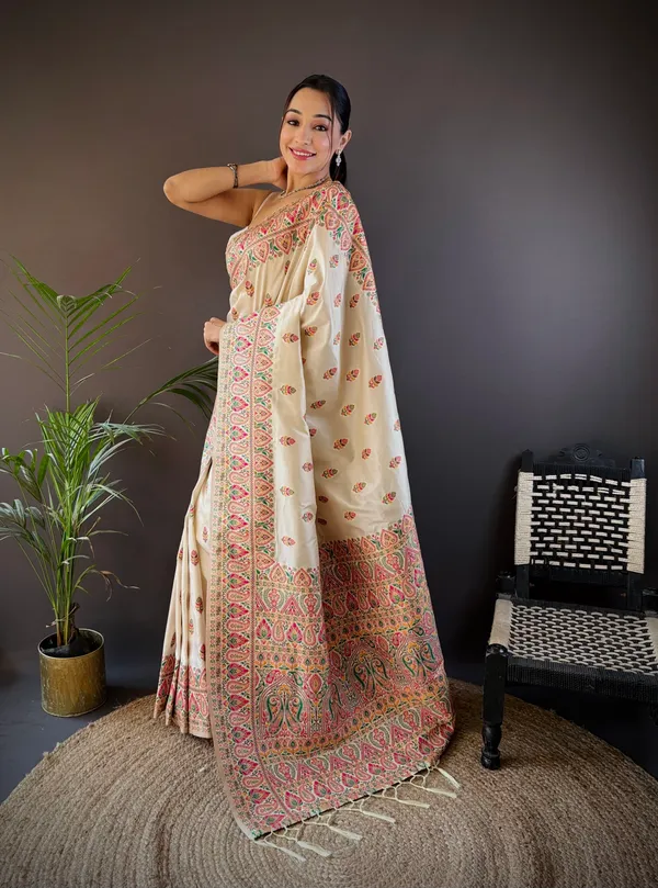 Off-White_Almond_Heritage_Stunning_Cream_Tussar_Silk_Saree_With_Masterful_Multi-Hued_Kantha_Embroidery