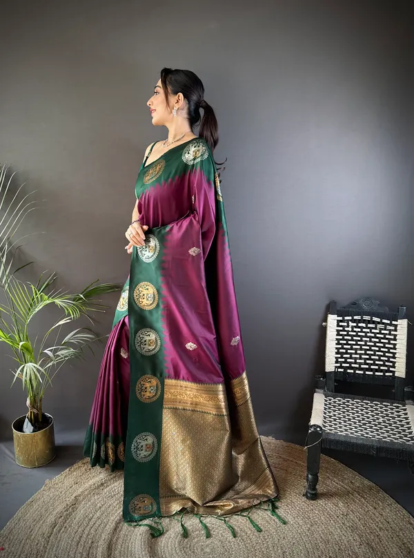 Purple_&_Turquoise_Katan_Silk_Saree_With_Ornamental_Medallion