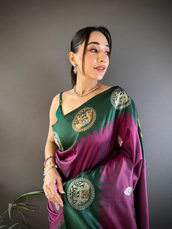 Purple_&_Turquoise_Katan_Silk_Saree_With_Ornamental_Medallion