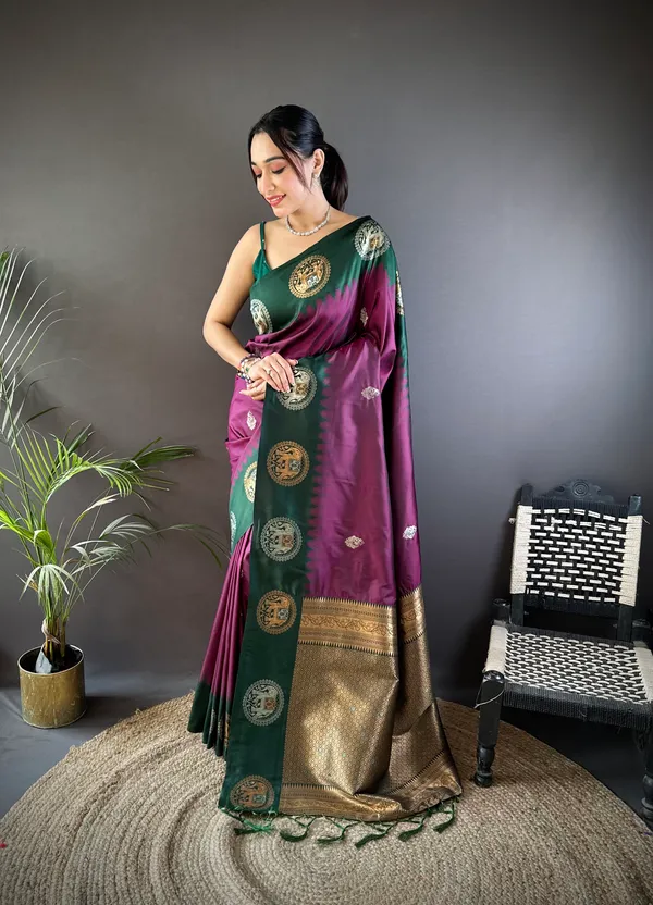 Purple_&_Turquoise_Katan_Silk_Saree_With_Ornamental_Medallion