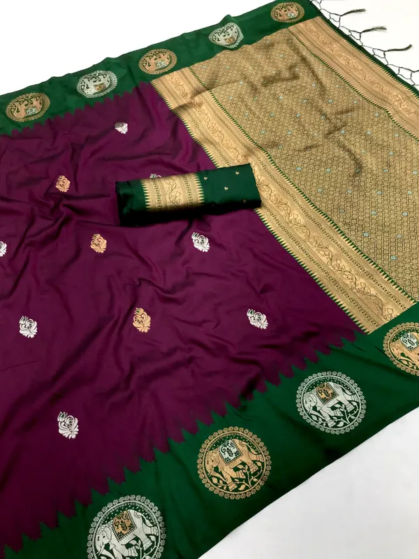 Purple_&_Turquoise_Katan_Silk_Saree_With_Ornamental_Medallion