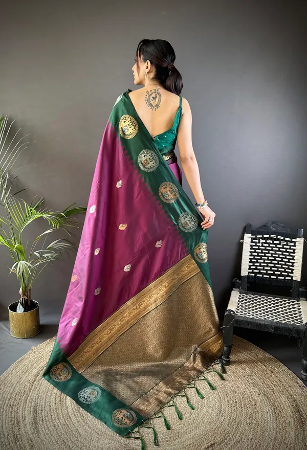 Purple_&_Turquoise_Katan_Silk_Saree_With_Ornamental_Medallion