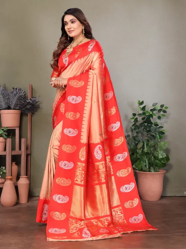 Red_&_Bright_Orange_Dual-Tone_Silk_Saree_With_Paisley_And_Zari_Details