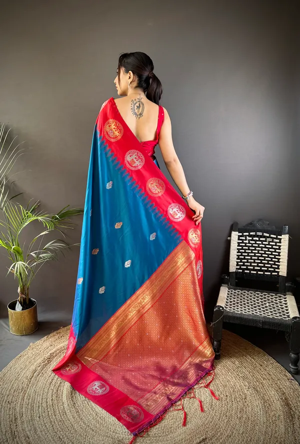 Teal_Blue_&_Crimson_Red_Vibrant_Silk_Saree
