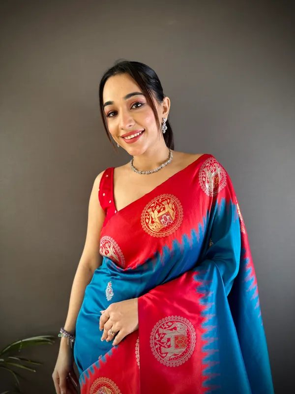 Teal_Blue_&_Crimson_Red_Vibrant_Silk_Saree