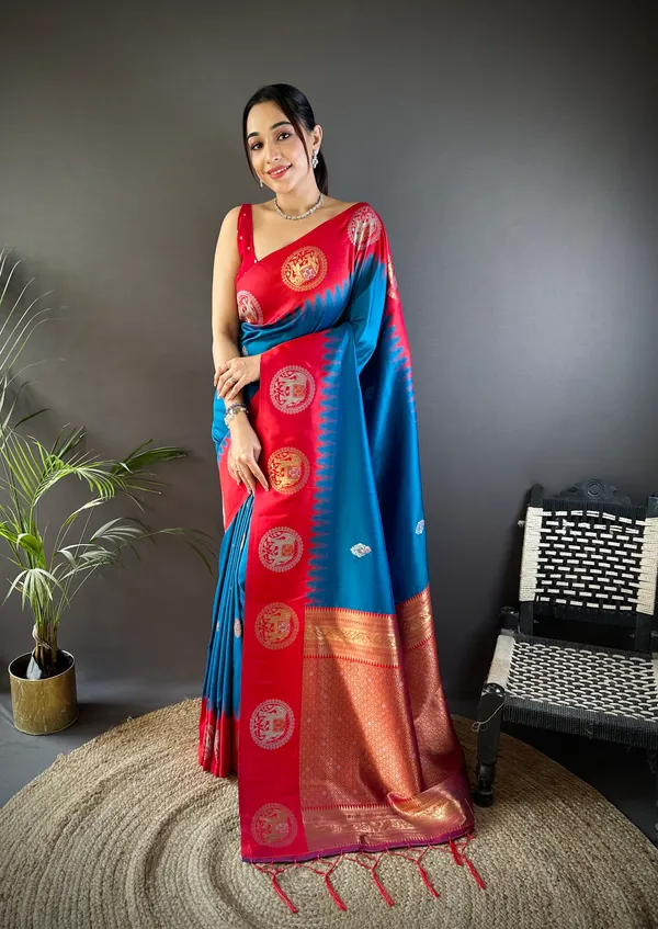 Teal_Blue_&_Crimson_Red_Vibrant_Silk_Saree