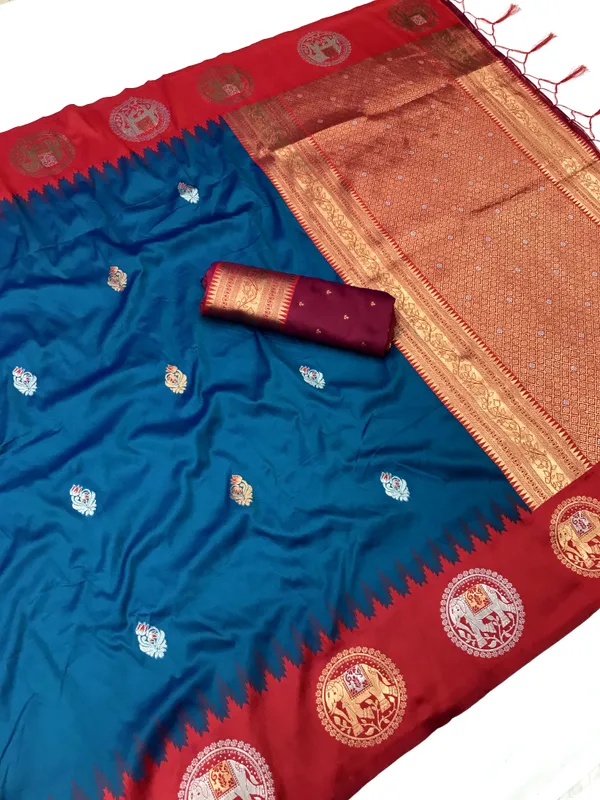 Teal_Blue_&_Crimson_Red_Vibrant_Silk_Saree