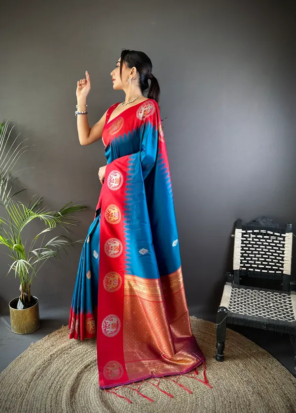 Teal_Blue_&_Crimson_Red_Vibrant_Silk_Saree
