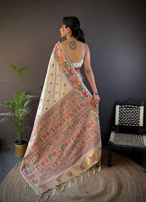 White_Heirloom_Cream_Elegant_Tussar_Silk_Saree_With_Vibrant_Kantha_Stitch_Embroidery