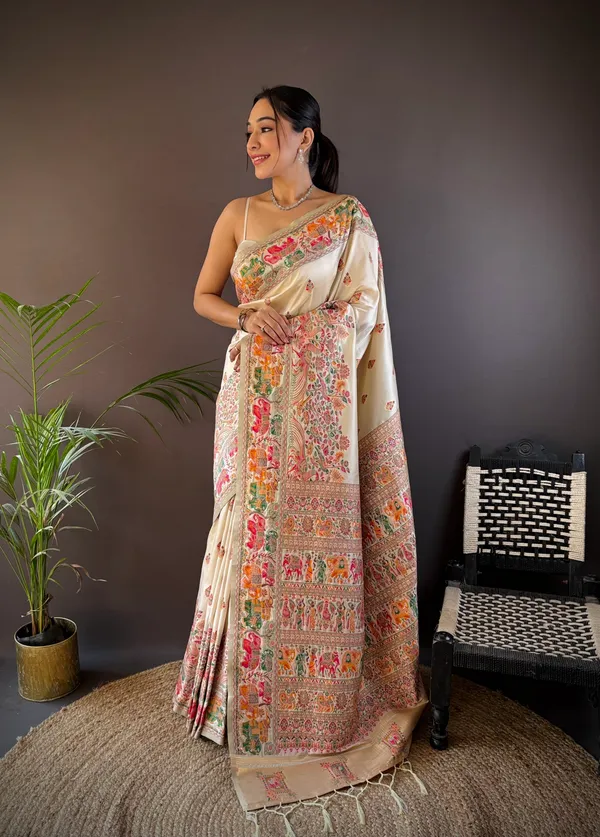 White_Heirloom_Cream_Elegant_Tussar_Silk_Saree_With_Vibrant_Kantha_Stitch_Embroidery