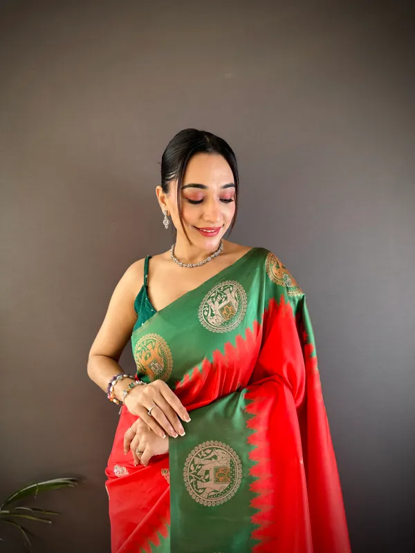 Red_&_Forest_Green_Banarasi_Soft_Silk_Saree_With_Traditional_Gold_Zari_Motifs