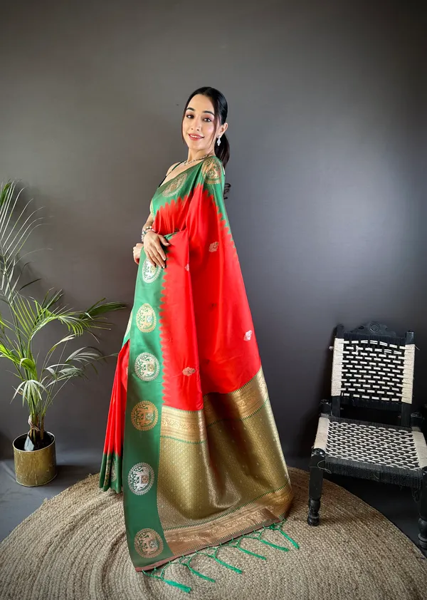 Red_&_Forest_Green_Banarasi_Soft_Silk_Saree_With_Traditional_Gold_Zari_Motifs