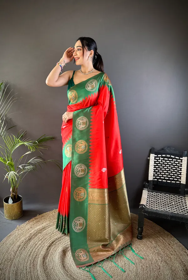 Red_&_Forest_Green_Banarasi_Soft_Silk_Saree_With_Traditional_Gold_Zari_Motifs