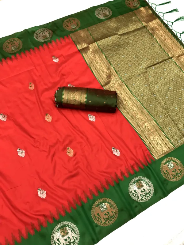 Red_&_Forest_Green_Banarasi_Soft_Silk_Saree_With_Traditional_Gold_Zari_Motifs