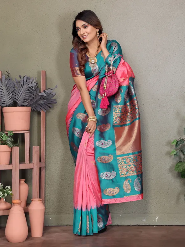 Vibrant_Pink_&_Turquoise_Banarasi_Style_Saree_Featuring_Elegant_Paisley_Motifs