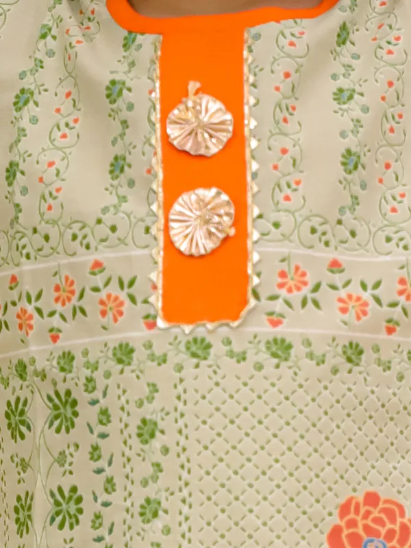 Junitos_Pure_Cotton_Woven_Three_Fourth_Sleeves_Floral_Printed_Gota_Lace_Embellished_Kurti_Sharara_Set -Beige