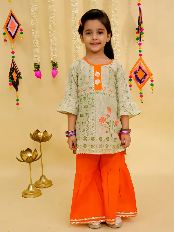 Junitos_Pure_Cotton_Woven_Three_Fourth_Sleeves_Floral_Printed_Gota_Lace_Embellished_Kurti_Sharara_Set -Beige