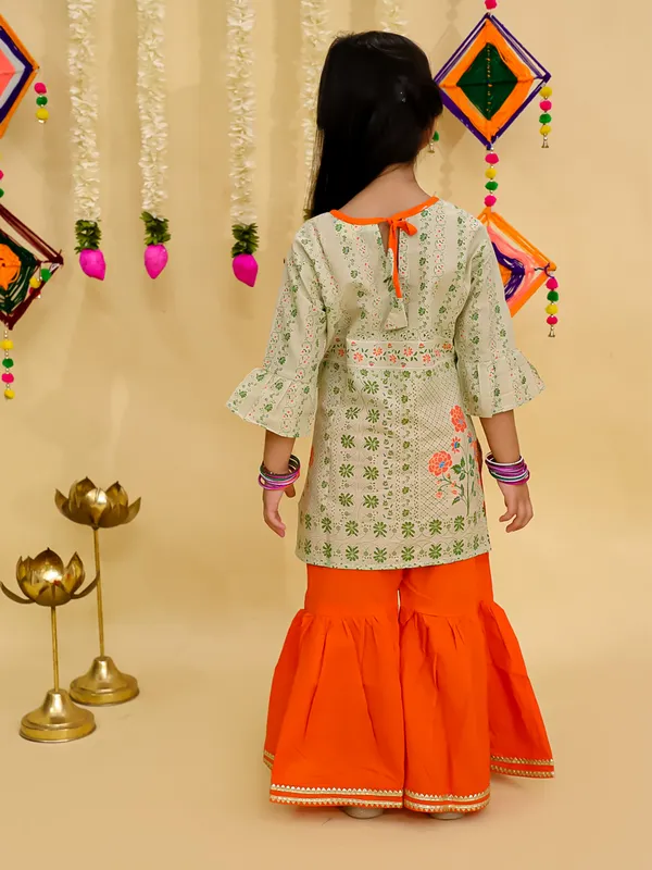 Junitos_Pure_Cotton_Woven_Three_Fourth_Sleeves_Floral_Printed_Gota_Lace_Embellished_Kurti_Sharara_Set -Beige