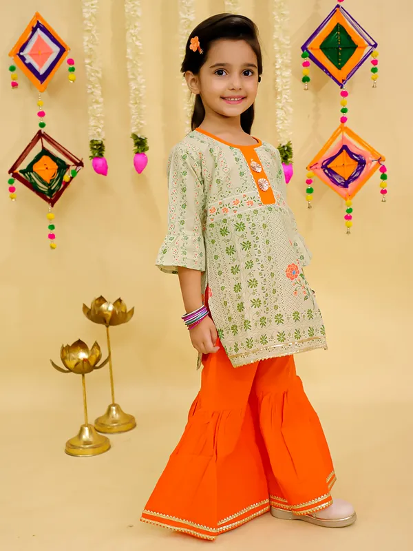 Junitos_Pure_Cotton_Woven_Three_Fourth_Sleeves_Floral_Printed_Gota_Lace_Embellished_Kurti_Sharara_Set -Beige