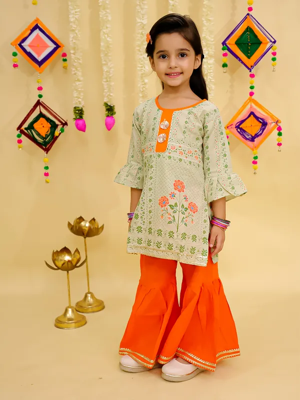 Junitos_Pure_Cotton_Woven_Three_Fourth_Sleeves_Floral_Printed_Gota_Lace_Embellished_Kurti_Sharara_Set -Beige