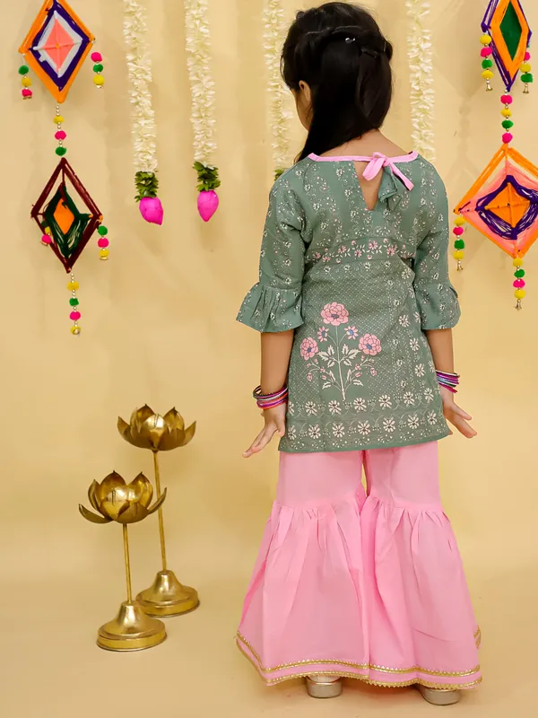 Junitos_Pure_Cotton_Woven_Three_Fourth_Sleeves_Floral_Printed_Gota_Lace_Embellished_Kurti_Sharara_Set -Green