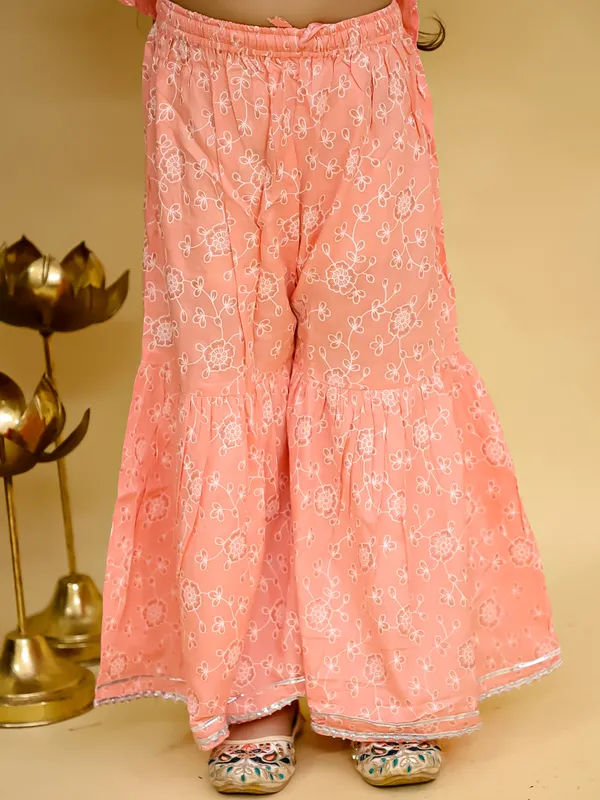 Junitos__Cotton_Woven_Three_Fourth_Sleeves_Floral_Printed_Gota_Lace_Embellished_Kurti_Sharara_Set -Peach