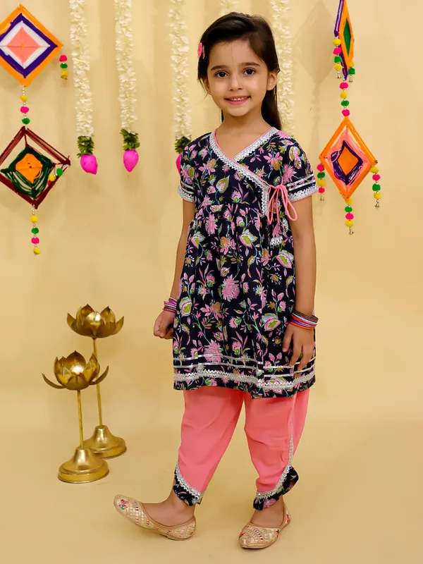 Junitos__Cotton_Woven_Short_Sleeves_paisley__Printed_Gota_Lace_Embellished_Kurti_Dhoti_Set -_Blue