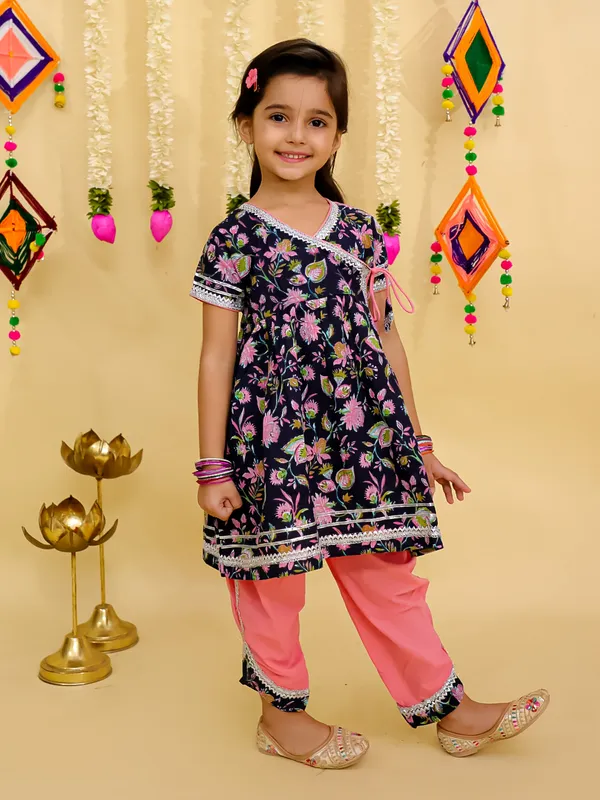 Junitos__Cotton_Woven_Short_Sleeves_paisley__Printed_Gota_Lace_Embellished_Kurti_Dhoti_Set -_Blue