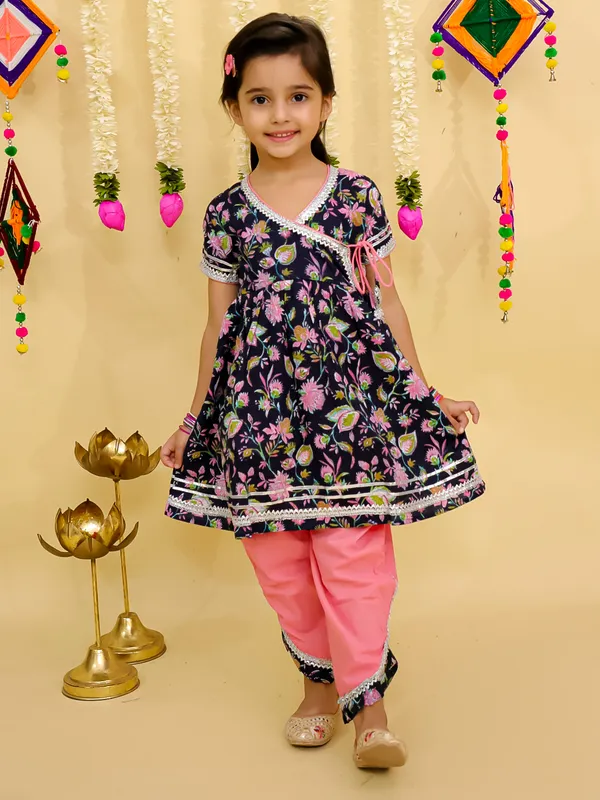 Junitos__Cotton_Woven_Short_Sleeves_paisley__Printed_Gota_Lace_Embellished_Kurti_Dhoti_Set -_Blue